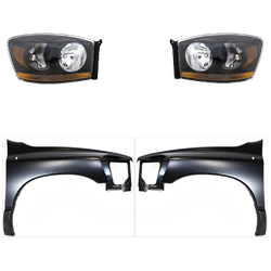 2007 Dodge Ram 1500 4-Piece Kit Driver and Passenger Side Headlights with Fenders, with Bulbs, Halogen