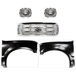 2000 Ford F-250 Super Duty 5-Piece Kit Grille Assembly, Chrome Shell and Insert, Grille, includes Fenders and Headlights