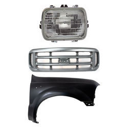 2000 Ford F-350 Super Duty 3-Piece Kit Grille, Painted Silver Shell and Insert, Plastic, includes Fender and Headlight