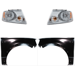 2005 Ford F-150 4-Piece Kit Driver and Passenger Side Headlights with Fenders, with Bulbs, Halogen, Chrome Bezel