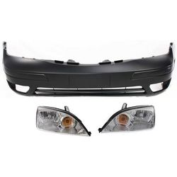2006 Ford Focus 3-Piece Kit Driver and Passenger Side Headlights with Bumper Cover, with Bulbs, Halogen, For Models Without Appearance Package, CAPA Certified