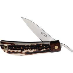 Kotoh Knives 2.25in Stag D2 Folding Knife 4in Closed 2.25in Satin D2 Tool Steel Blade Stag Handle Leather Sheath KOTOH422514