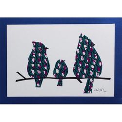 Happy Family IV,'Matted Bird Painting on Cardstock'