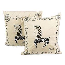 Prancing,'Hand-Painted Cotton Cushion Covers (Pair)'