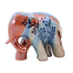 Jungle Leaves,'Hand Crafted Celadon Ceramic Elephant Sculpture'