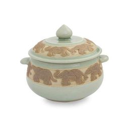 Celadon ceramic covered bowl, 'Green Elephant Walk'