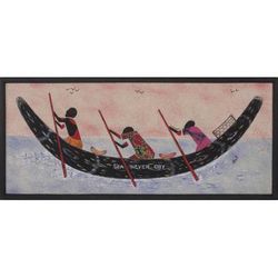 The Lost Fishermen,'Framed Oil Painting on Cotton and Batik Cloth from Ghana'