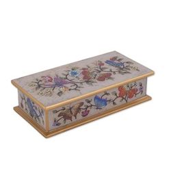 Butterfly Jubilee in Antique,'Reverse Painted Glass Butterfly Decorative Box in Off White'