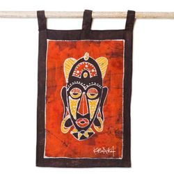 'Ghanaian Hand-Painted Cotton Wall Hanging in Orange Hues'