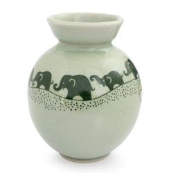 Prancing Jade Elephants,'Handmade Green Celadon Ceramic Elephant Vase'