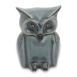 Celadon ceramic jar, 'Happy Blue Owl'