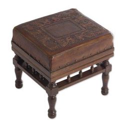 Birds Among the Vines,'Artisan Crafted Wood and Leather Square Stool from Peru'