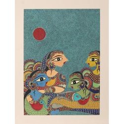 Radha with Gopies,'Painting of Hindu Godess Radha in Madhubani Style from India'