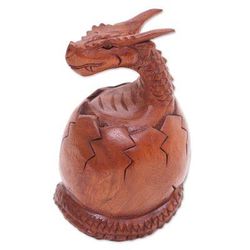 Hatchling Dragon,'Hand Carved Suar Wood Balinese Dragon Sculpture'