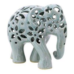 Flowering Elephant,'Hand Crafted Celadon Ceramic Elephant Sculpture'