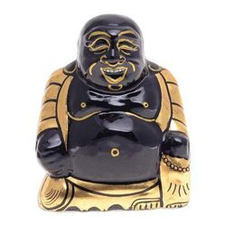 Grinning Buddha,'Raintree Wood and Gold Foil Buddha Sculpture'