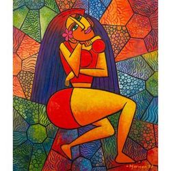 Daydreaming Women,'Colorful Acrylic Painting on Canvas'