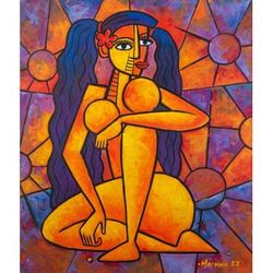 Ni Wayan Sachi is Sunbathing,'Acrylic Sunbathing Painting on Canvas'