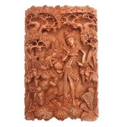 Sita and Hanuman,'Ramayana-Themed Cempaka Wood Relief Panel from Bali'