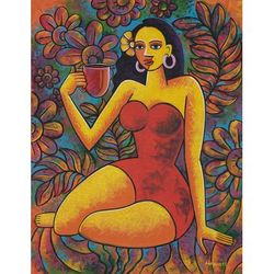 'Signed Unstretched Warm-Toned Acrylic Painting from Bali'