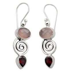 Garnet and rose quartz dangle earrings, 'Romantic Journey'