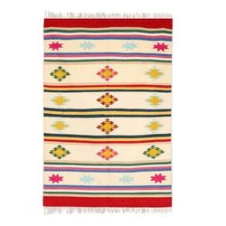 Vibrant Geometry,'Geometric Wool Area Rug with Ivory Stripes (4x5.5)'
