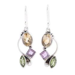 Sun with Violets,'Citrine Amethyst Peridot and Sterling Silver Dangle Earrings'