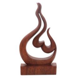 Lover's Passion,'Hand Carved Suar Wood Heart and Flame Abstract Sculpture'