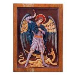 Saint Michael Archangel,'St Michael and Dragon Religious Wall Art Cedar Wood Panel'