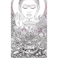 Four Types of Lotus,'Original Ink And Acrylic On Canvas Painting of Buddha'