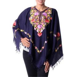 Royal Garden,'Dark Blue Wool Poncho with Pastel Flower Embroidery'