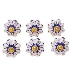 Lapis Flowers,'Six Ceramic Floral Knobs in Blue and White from India'