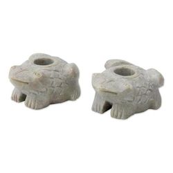 Charming Frogs,'Natural Soapstone Frog Candle Holders Made in India (Pair)'