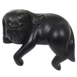 Curious Shih Tzu in Black,'Hand Made Wood Dog Sculpture Black Finish from Indonesia'