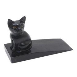 Helpful Kitten in Black,'Handcrafted Suar Wood Cat Doorstop in Black from Bali'