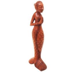Namaste Mermaid,'Balinese Yoga Mermaid Hand Carved Signed Wood Sculpture'