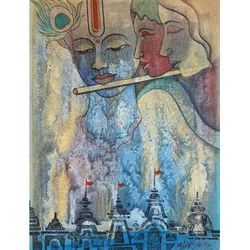 Musical Krishna,'Hindu-Themed Acrylic Painting'