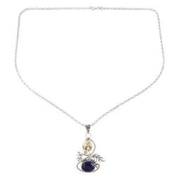 Delightful Garden,'Leafy Citrine and Lapis Lazuli Pendant Necklace from India'