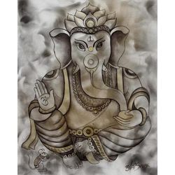'Blissful Ganesha' Hinduism Deity Signed Ganesha Painting from India