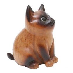 Hungry Cat,'Wood Cat Figurine in Brown and Black Hand-Painted in Bali'