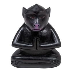 Joyous Apprentice at Night,'Handcrafted Black Suar Wood Monkey Statuette from Bali'
