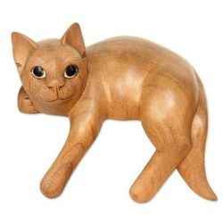 Wood sculpture, 'Ginger Cat Relaxes'