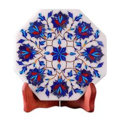 Floral Imagination,'Marble Inlay Decorative Plate with Blue Floral Motifs'