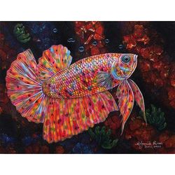 Rainbow Betta,'Signed Balinese Painting of a Siamese Fighting Fish'