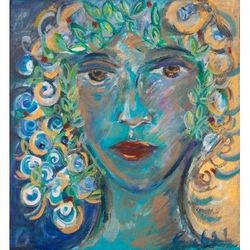 Golden Woman in the Sky,'Signed Acrylic Woman's Portrait Painting'
