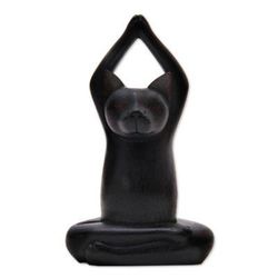 Toward the Sky Black Yoga Cat,'Black Suar Wood Asana Pose Yoga Cat Sculpture from Bali'