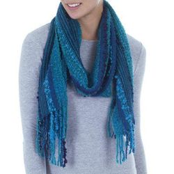 Bohemian Caribbean Blue,'Baby Alpaca Blend Hand Woven Striped Blue Scarf from Peru'