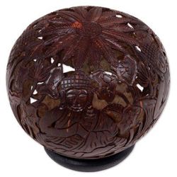 Buddha's Lore,'Coconut Shell Sculpture on Stand with Buddha Carving'