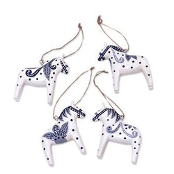 Dala Courage,'4 Wood White Dala Horse Ornaments Carved & Painted by Hand'