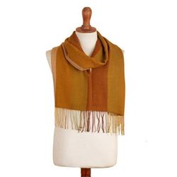 Caramel Trails,'Handcrafted Caramel and Green Baby Alpaca Blend Cotton Scarf'